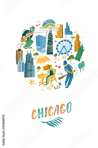 Chicago card with landmarks icons set. Traditional symbols, people and buildings full color vector illustration.