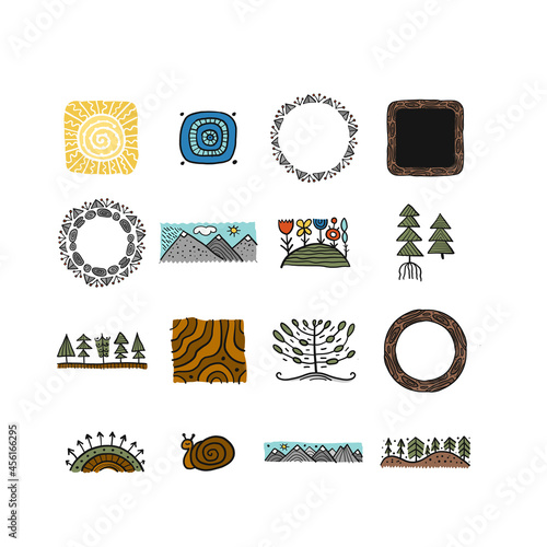 Abstract Nature set. Forest and Mountain icons. Ethnic style for your design