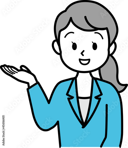 イラスト素材：スーツの女性が商品や人や物事の説明をする様子　上半身　単色　線画
