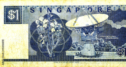 Reverse of 1 one Singapore dollar banknote currency $1 year 1987 issued by Board of Commissioners of Currency features Sentosa Satellite Earth Station, old Singapore money, vintage retro, ships series photo
