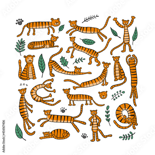 Collection of tigers and tropical leaves for your design