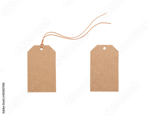 Brown price tag with rope or label with thread on isolated white background