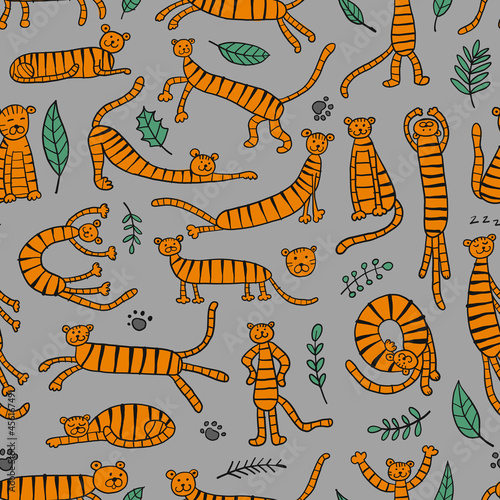 Collection of tigers and tropical leaves. Seamless Pattern for your design
