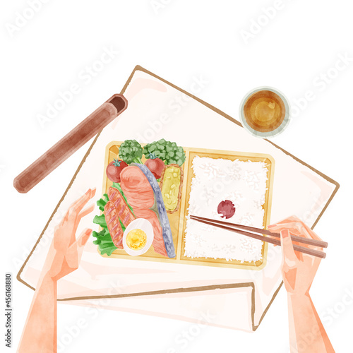昼食に鮭弁当を食べる手書き水彩風イラスト
