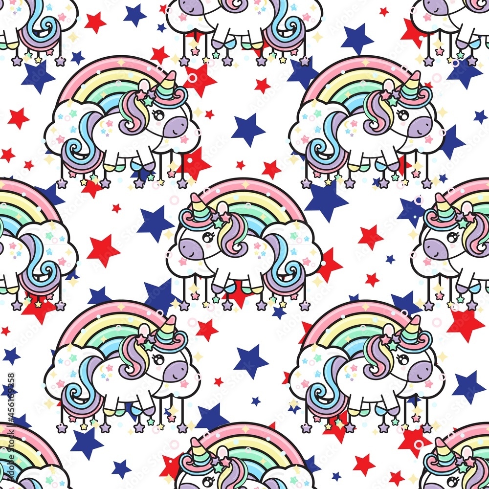 Fototapeta premium Pastel Unicorn rainbow pattern background. Colorful Cute unicorns, stars, circles pattern background. Seamless Vector illustration. Wrapping paper. Star pattern background.