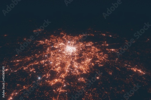 Moscow aerial view at night. Top view on modern city with street lights