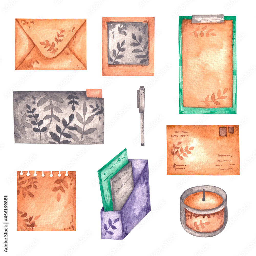 Fototapeta premium Watercolor office object envelopes, folders, books, photos and a candle on a white background