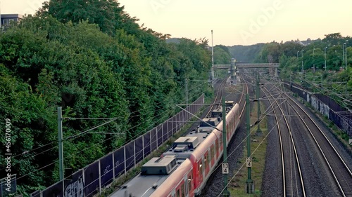 Local Train (S-Bahn) going into station in Frechen- Koeningsdorf (Germany). S-Bahn faehrt in Bahnhof ein.