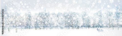 Vector  snow,  winter scene with deer and  forest background. Winter landscape.