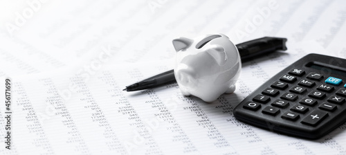 Finance And Business Concept - Pen, Calculator & Piggy Bank Banner