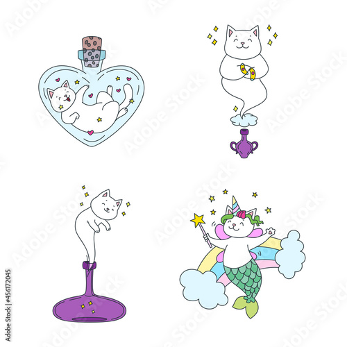 Collection of magic kitties. Illustrations of funny white cats: genie cats, fairy cat and cat sitting in a magic bottle. Vector 10 EPS.