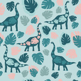 Seamless pattern of cute dinosaurs with tropical leaves in the form of a print on the body. Vector illustration