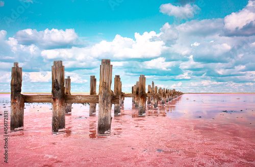 Fototapeta Naklejka Na Ścianę i Meble -  The pink lake is a beautiful landscape, unusual nature. A unique rare natural phenomenon. Salt lake with pink algae. Beautiful landscape.