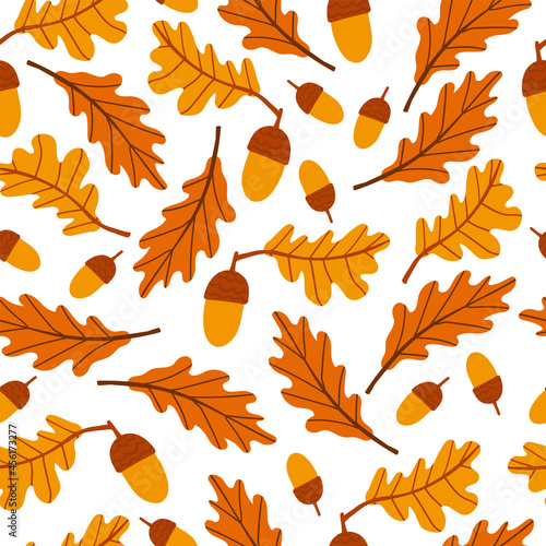 Acorns and oak leaves pattern. Background for fabric. Perfect illustration for a notebook cover, notepad or fall banner.