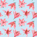 Lilies on an isolated blue background. Watercolor painting Floral seamless patterns. Lily flower