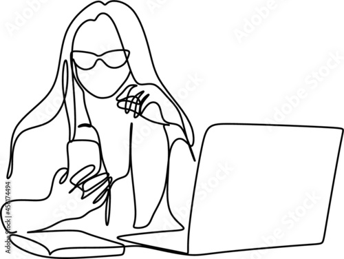 one line drawing of a woman sitting with laptop computer. Young female in glasses using laptop, communicates on internet with customer in home, reusable coffee tea mug 