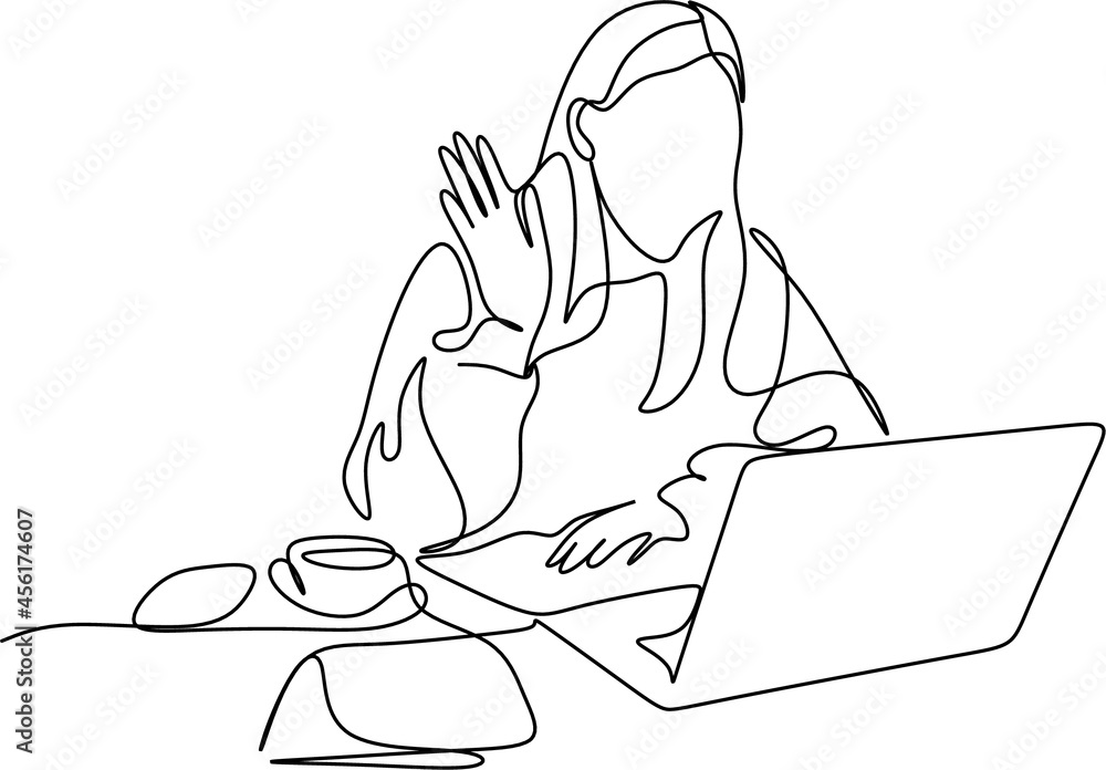 one line drawing of a woman sitting with laptop computer. Young female in glasses using laptop, communicates on internet with customer in home, reusable coffee tea mug 