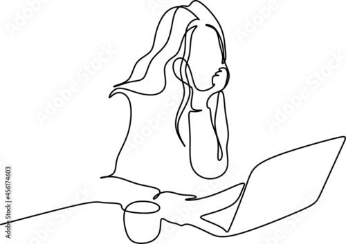 one line drawing of a woman sitting with laptop computer. Young female in glasses using laptop, communicates on internet with customer in home, reusable coffee tea mug 