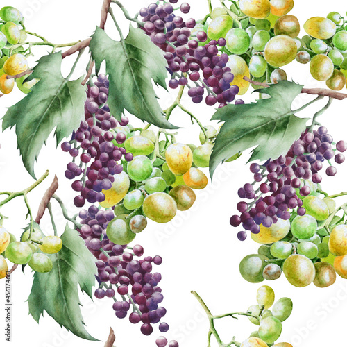 Seamless pattern with  grapes. Watercolor illustration.  Hand drawn.