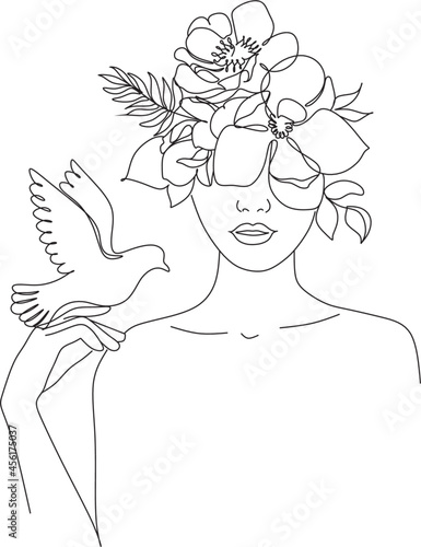 Abstract woman  face with bird and flowers by one line drawing. Portrait minimalistic style.  Botanical print. Nature symbol of cosmetics. Modern continuous line art.  Fashion print. Beaty salon art