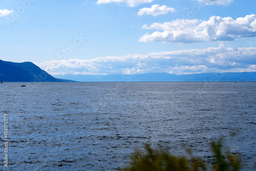 Riviera at City of Montreux on a cloudy summer day. Photo taken August 28th, 2021, Montreux, Switzerland.