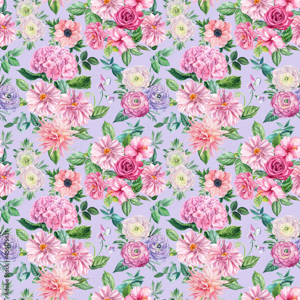 Fototapeta Floral seamless patterns, hydrangea, roses, dahlia, sweet peas and eucalyptus leaves. Watercolor painting