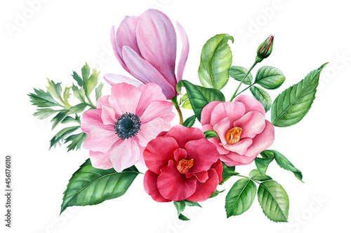 Watercolor flowers. Hydrangea, rose, magnolia, camellia and pink anemone, botanical illustration. Floral design