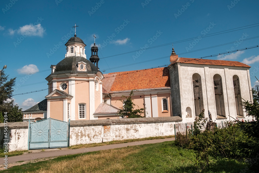 View of the old Catholic Church of St. Anthony in Korets, Rivne region, Ukraine. August 2021