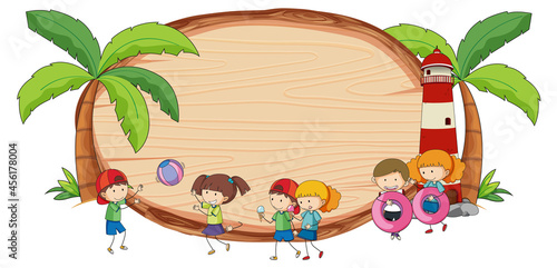 Blank wooden board in oval shape with kids doodle cartoon character