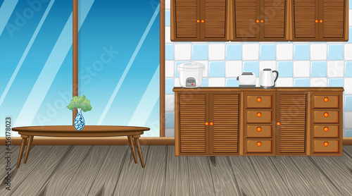 Kitchen room interior design with counter cabinet and center table