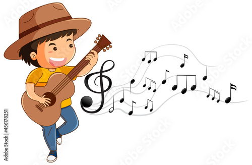 Cartoon character of a boy playing guitar with melody symbols