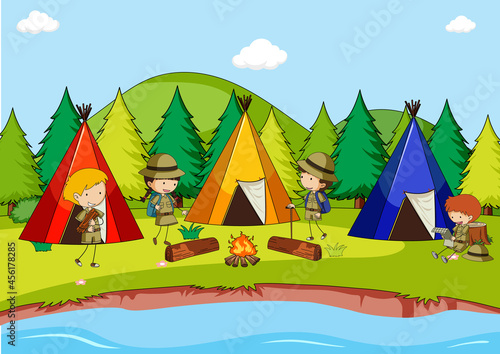 Campsite scene with tents and many kids