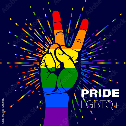 Hand with Rainbow Flag Colors of LGBT Symbol. Pride LGBTQ+ Concept for Print, Poster and WEB. Vector Illustration.