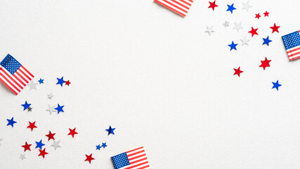 USA holiday banner design. Frame of american flags and confetti stars on white background. Happy Independence day, President's Day, Labor day concept.