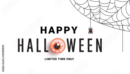 Happy Halloween Sale Promotion banner with scary eye, spiders and web on white background. Place for text .Vector illustration for website, ads, coupons, invitation, postcard