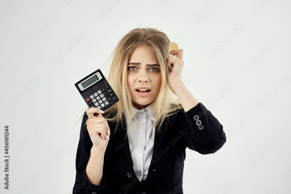 Business woman with calculator and coin Bitcoin finance economy Business woman with calculator and coin Bitcoin finance economy