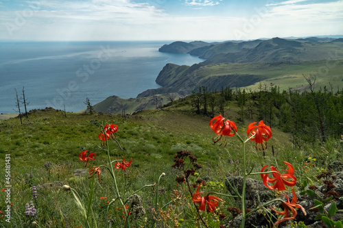 View of the Tazheran coast of Lake Baikal from the top of Mount Tan-Khan photo