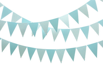 Rows of triangular bunting flags on white background. Festive decor