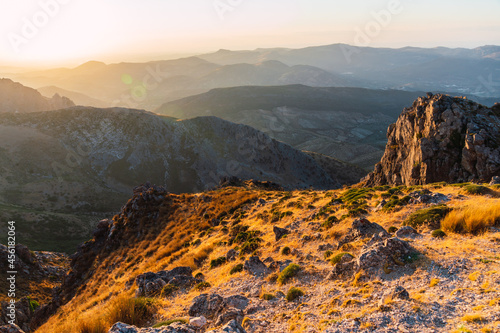 Sunset in a rocky hill in Subbetic Mountains in Cordoba, Spain photo