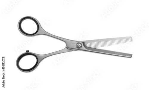 Professional hairdresser thinning scissors isolated on white. Haircut tool