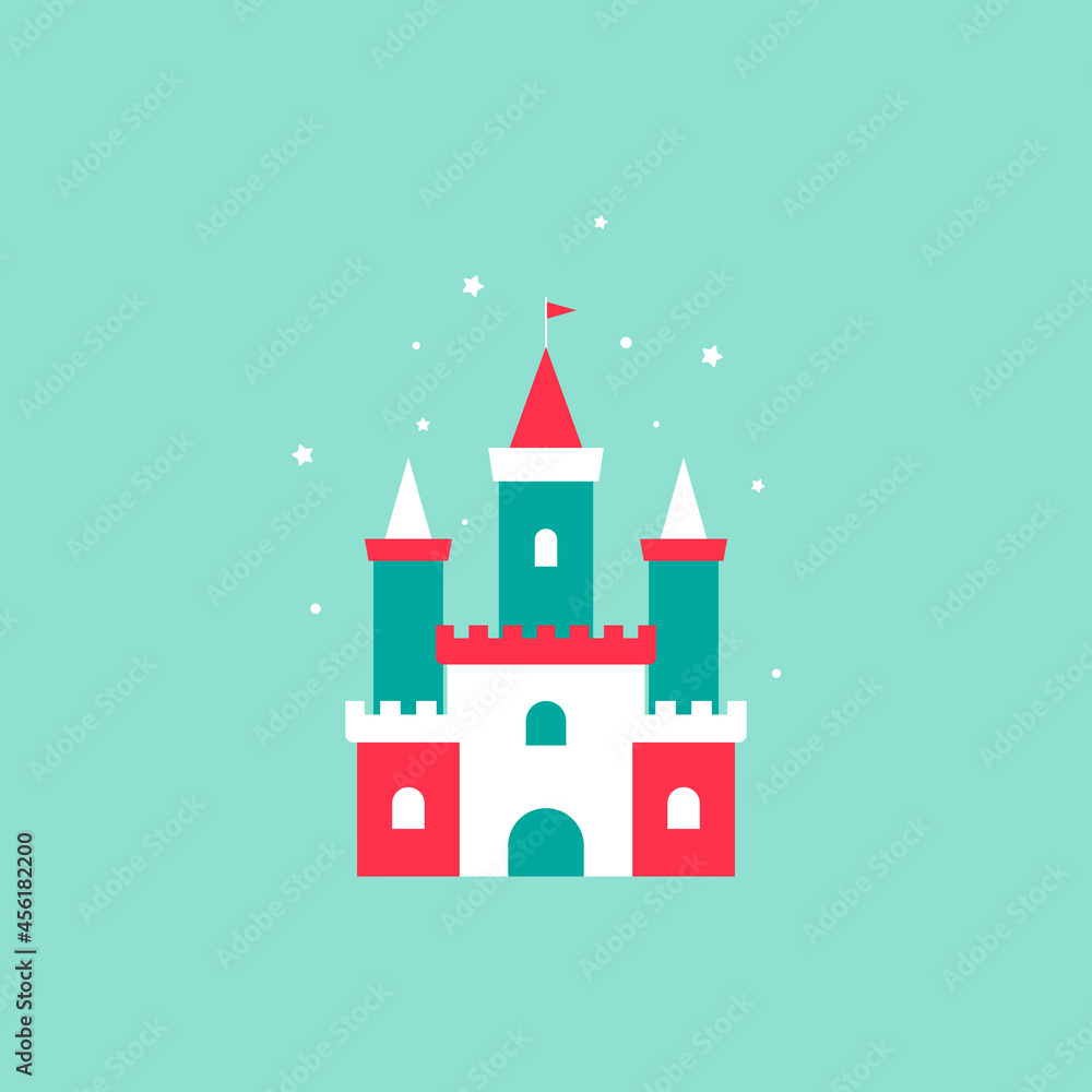 Magic farirytale Castle with stars. Cartoon icon. Tower, fortress. fairy tale, magic, fantasy logo. Holiday card.