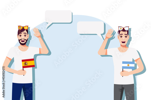The concept of international communication, sports, education, business between Spain and Argentina. Men with Spanish and Argentine flags. Vector illustration.