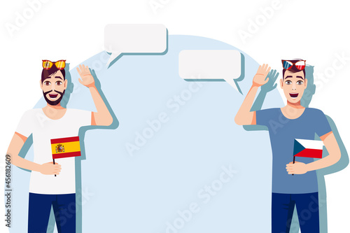 Men with Spanish and Czech flags. Background for text. Communication between native speakers of Spain and Czech. Vector illustration.