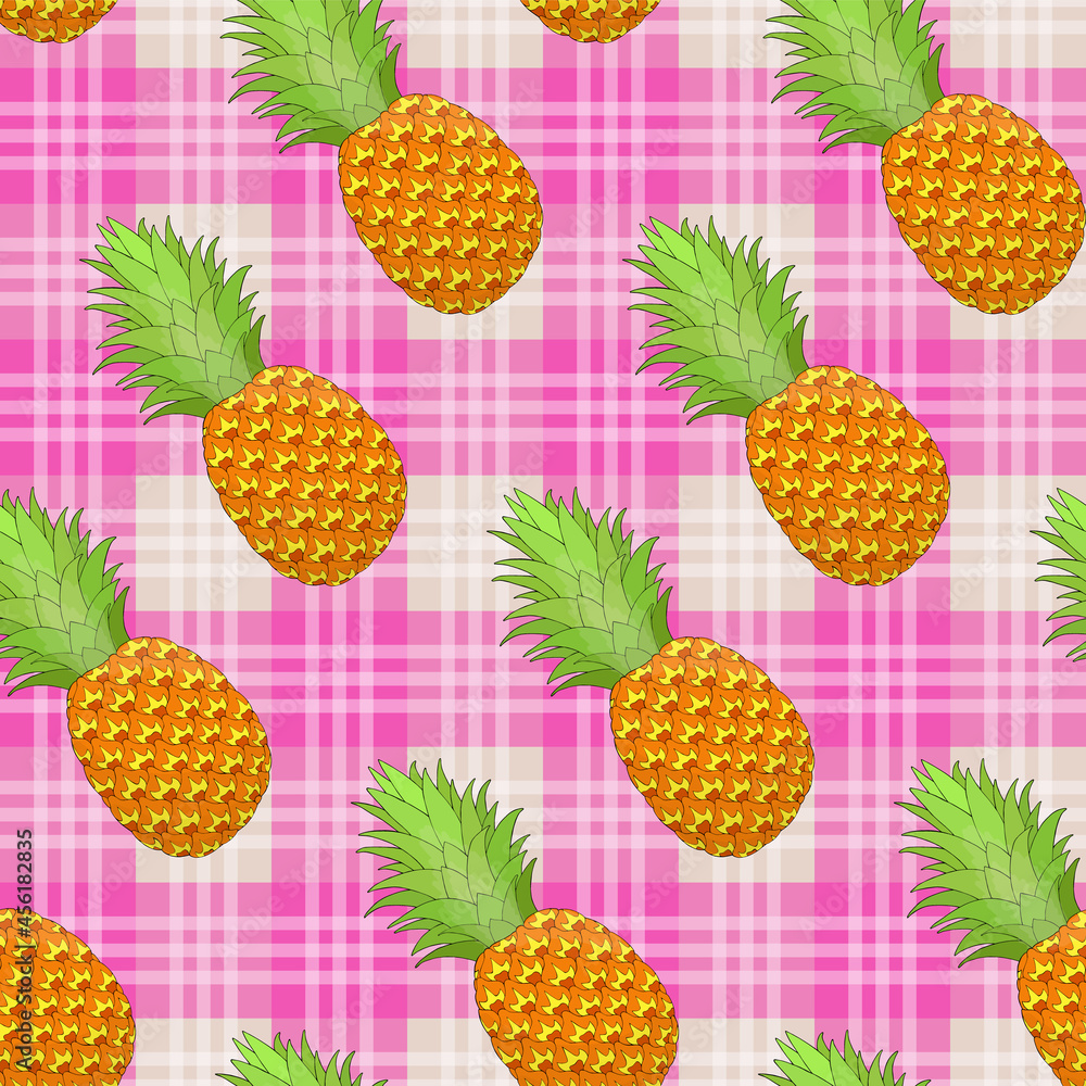 Pineapple seamless pattern on pink gingham background. Tropical fruit repeating endless texture. Yummy boundless background. Food surface pattern design. Editable tile for apparel or wrapping paper Pineapple seamless pattern on pink gingham background. Tropical fruit repeating endless texture. Yummy boundless background. Food surface pattern design. Editable tile for apparel or wrapping paper