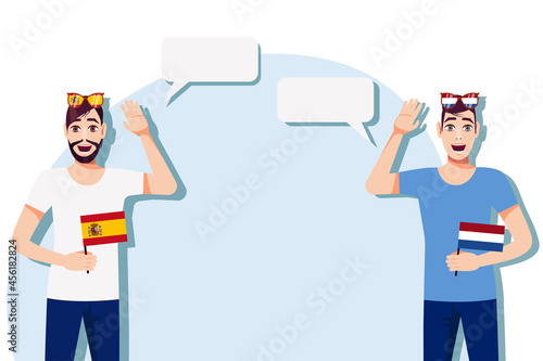 Men with Spanish and Dutch flags. The concept of international communication, education, sports, travel, business. Dialogue between Spain and the Netherlands. Vector illustration.