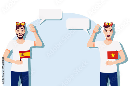 Men with Spanish and Vietnamese flags. Background for the text. Communication between native speakers of the language. Vector illustration.
