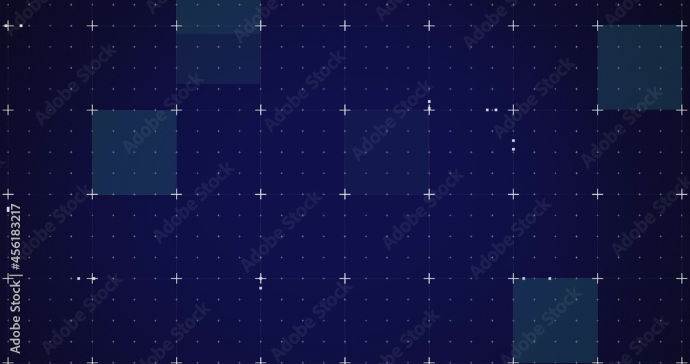 Image of white markers and blue flickering squares on grid background - obrazy, fototapety, plakaty 