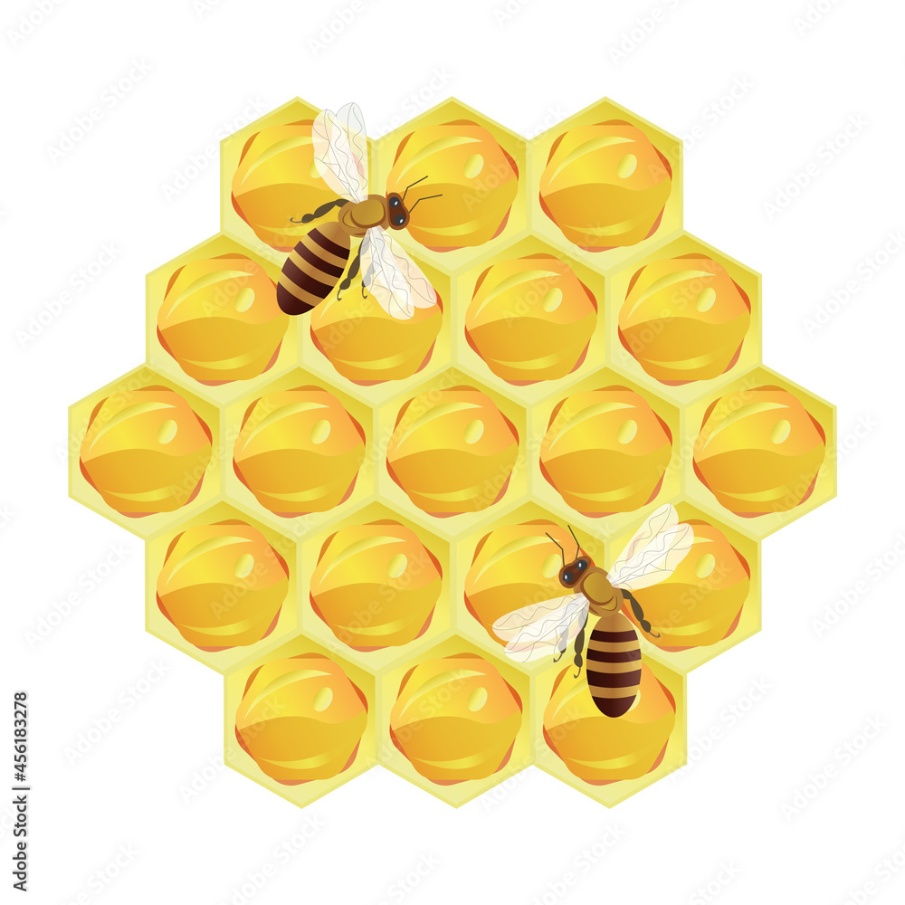 Vector image of a honeycomb and bees flying over it. Ready-made logo ...