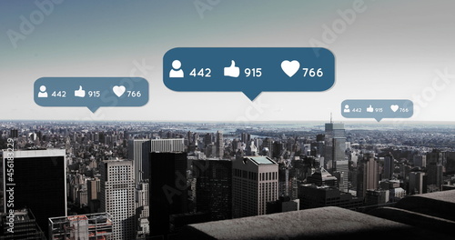 City with social media icons and numbers 4k photo