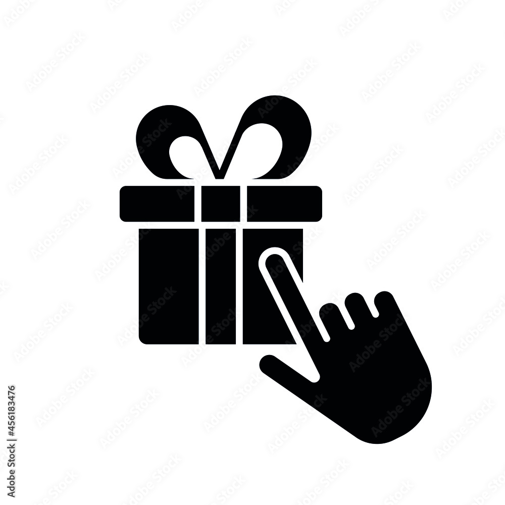 Finger touch glyph icon. Gift box. Vector fill black illustration. Finger touch glyph icon. Gift box. Vector fill black illustration.